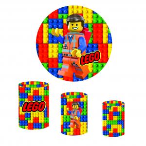 Kit Capas Painel Redondo 1,5m + Trio Cilindros - Tema Lego Tecido Helanca Premium    Elástico 