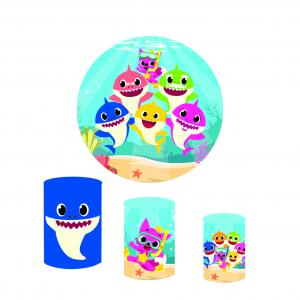 Kit Capas Painel Redondo 1,5m + Trio Cilindros - Tema Baby Shark Tecido Helanca Premium    Elástico 