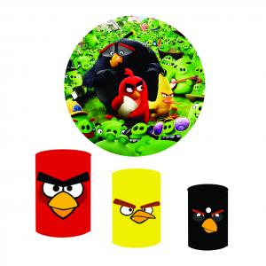 Kit Painel Redondo 1,5m + Trio Cilindros - Tema Angry Birds Tecido Helanca Premium    Elástico 