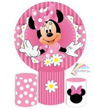 Painel Decoração Festa Minnie Rosa + Trio Capas para Cilindros - Veste Fácil Tecido Helanca Premium    Elástico 